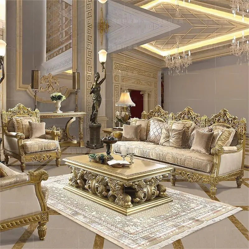 European style large living room sofa villa carved all solid wood sofa coffee table combination
