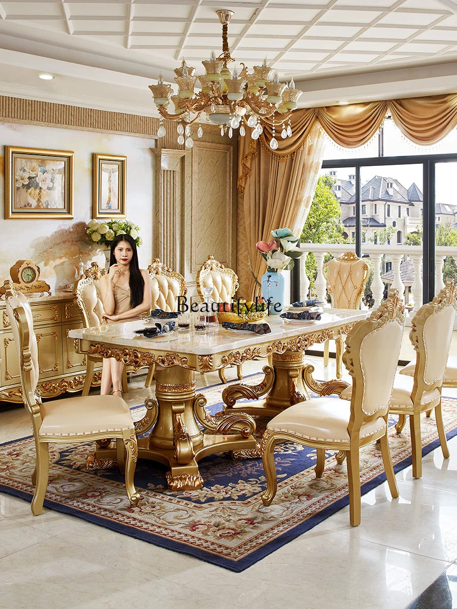 European-Style Marble Rectangular Dining Table Set: Solid Wood Carved, Large Table with Golden Accents.