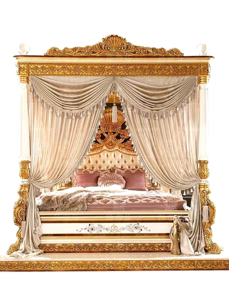 Custom French Palace Double Bed – Solid Wood Carving for Master Bedrooms