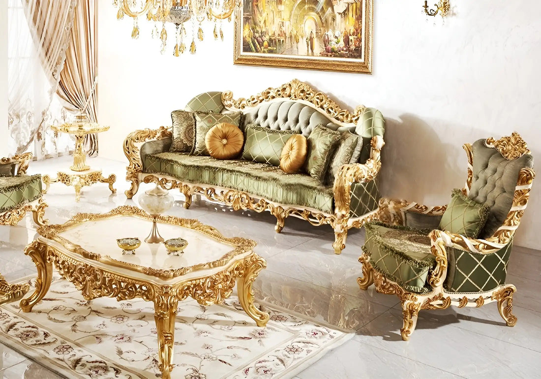 European-style solid wood fabric sofa—French villa design with gold foil carvings