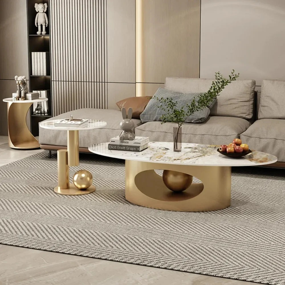 Modern Marble Effect Coffee Tables Luxury Legs Metal Nordic Oval Side Table White Premium Table Basse Pour Salon Mesa Furniture