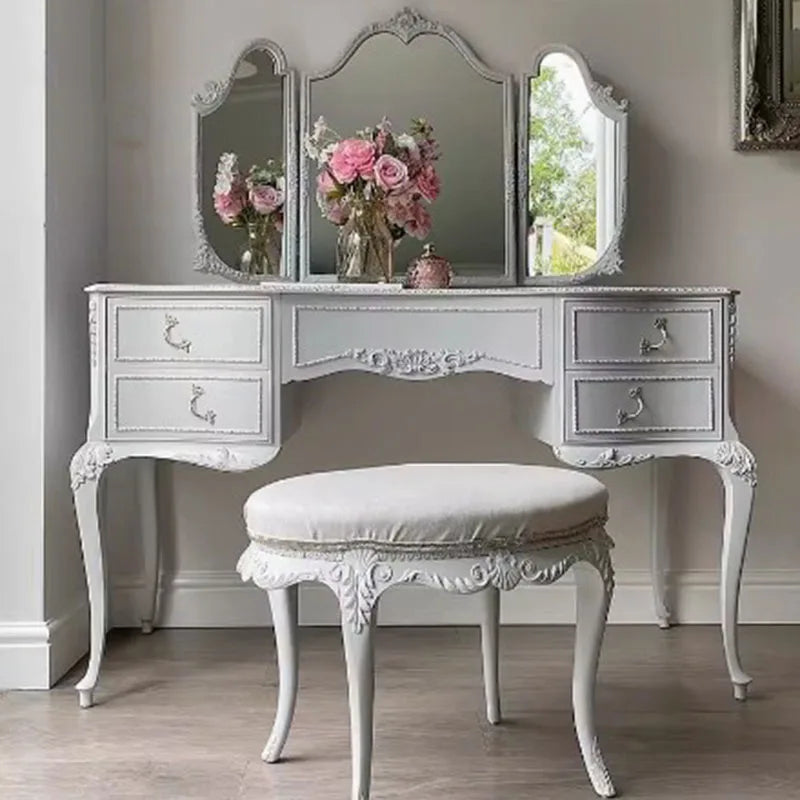 White Aesthetic Luxury Wood Makeup Table with Drawers