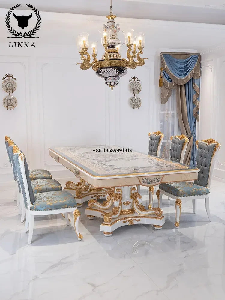 Luxurious French living room 2.8m romantic wooden shell mosaic dining table combination