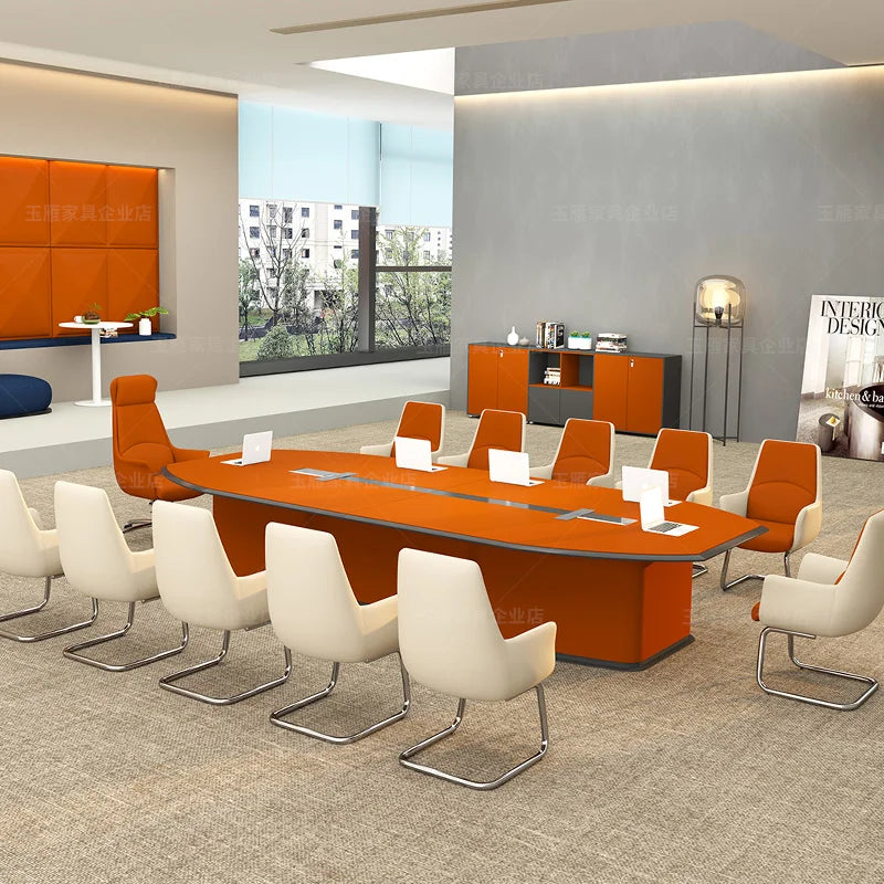 Office Furniture: Modern Lacquered Conference Table with Creative Orange Chair Set