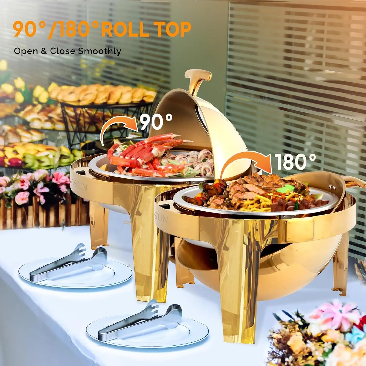 ROVSUN 6 QT 3 Pack Round Chafing Dish Buffet Set, Roll Top NSF Stainless Steel Buffet Warmer Chafers and Buffet Warmers Sets