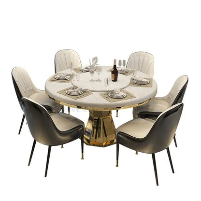 Luxury Natural Marble Round Dining Table Set – Portable Stainless Steel with 6 Chairs
