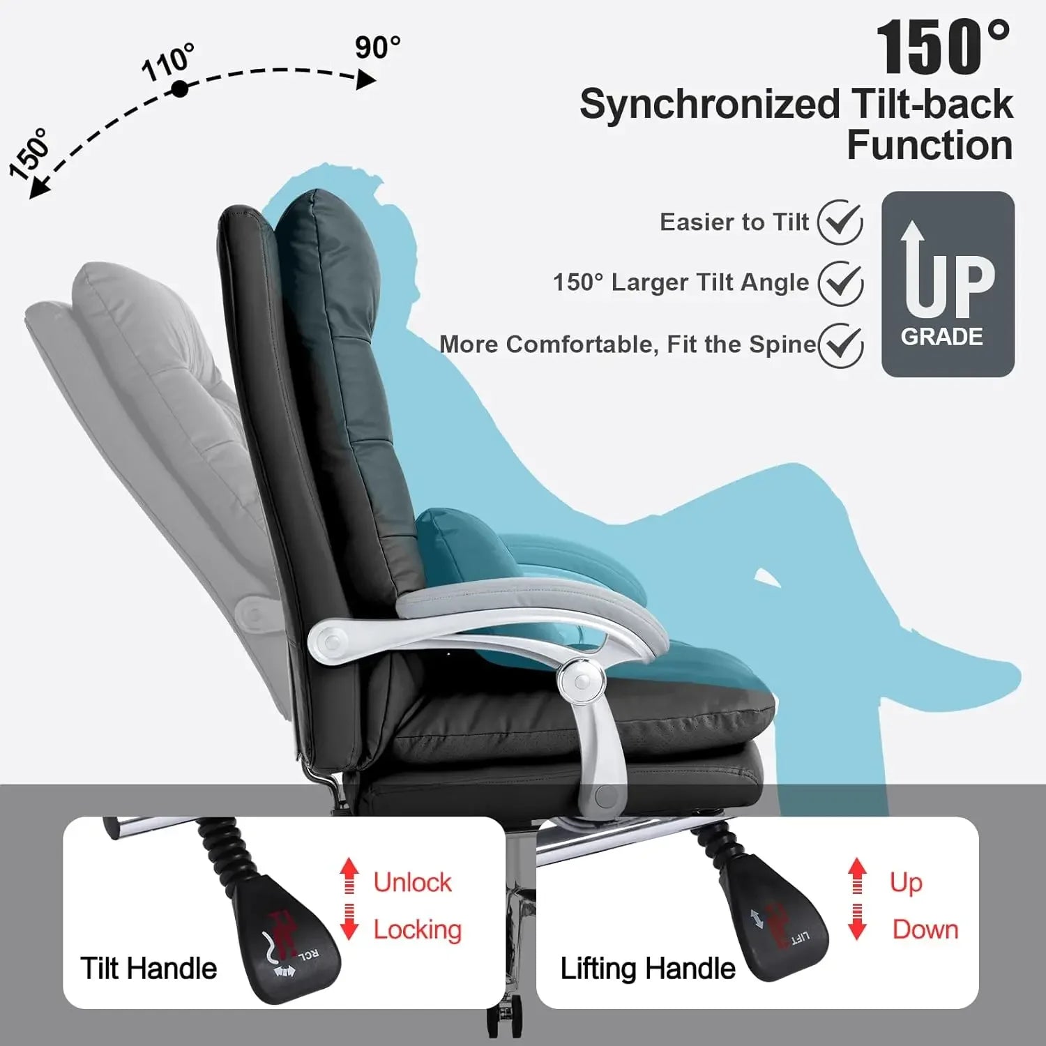 Office Chair with Foot Rest - High Back Executive Chair with Padded Linkage Armrests, Reclining Desk Chair with Wheels,