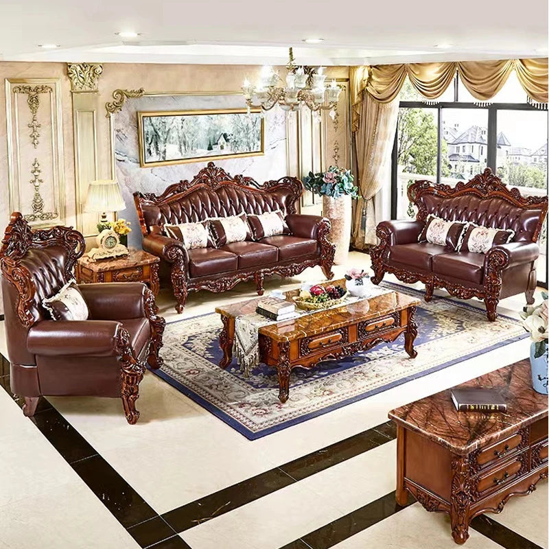 European-Style Leather Sofa: Solid Wood Carving with First Layer Cowhide, Ideal for Large Villa Living Rooms.