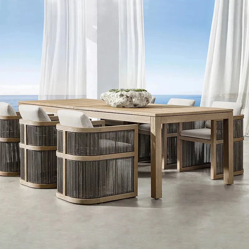 Outdoor Dining Table Woven Teak Table And Chairs Set Modern Solid Wood Anti-corrosion Waterproof High Grade Furniture