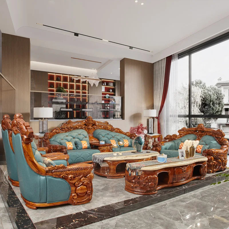 Style Genuine Cattlehide Leather Surface All Solid Wood Carved Villa Large and Small Apartment Type Living Room Set Furniture