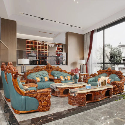 Style Genuine Cattlehide Leather Surface All Solid Wood Carved Villa Large and Small Apartment Type Living Room Set Furniture