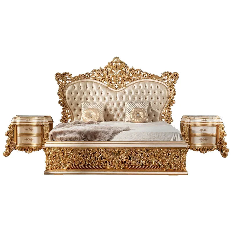 Wood Carved Marriage Bed 1.8 Double Bed Master Bedroom Gold Foil Fabric Princess Bed