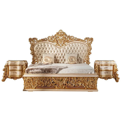Wood Carved Marriage Bed 1.8 Double Bed Master Bedroom Gold Foil Fabric Princess Bed