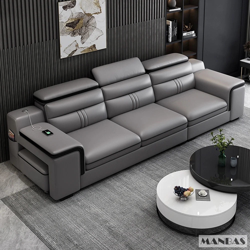 MINGDIBAO Leather Sectional Sofa Set with Cup Holder, USB, Adjustable Headrests &amp; Bluetooth Speaker Living Room Couch with Stool
