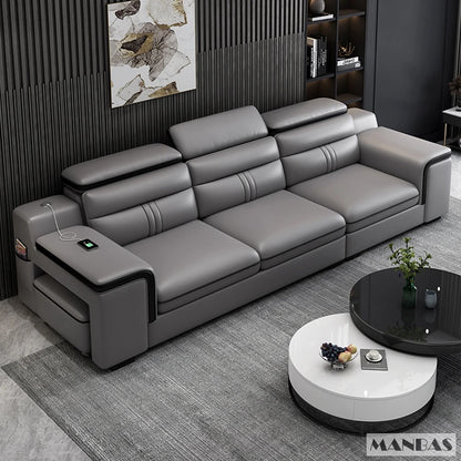 MINGDIBAO Leather Sectional Sofa Set with Cup Holder, USB, Adjustable Headrests &amp; Bluetooth Speaker Living Room Couch with Stool