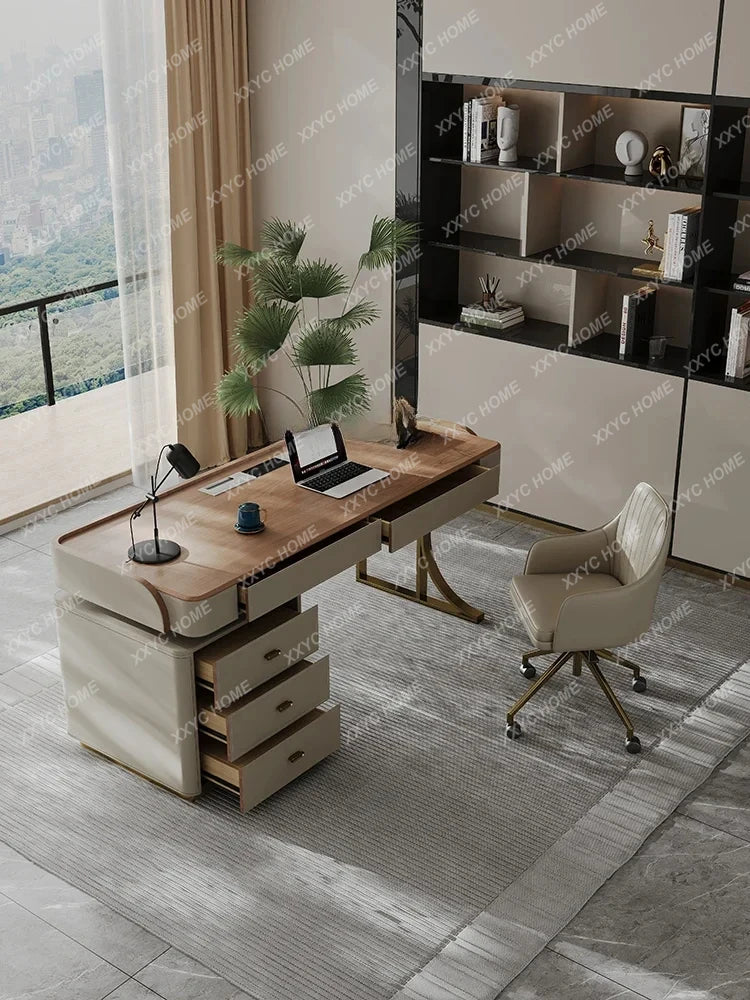 Saddle leather in the ancient style light luxury solid wood study computer desk boss writing desk living room study table