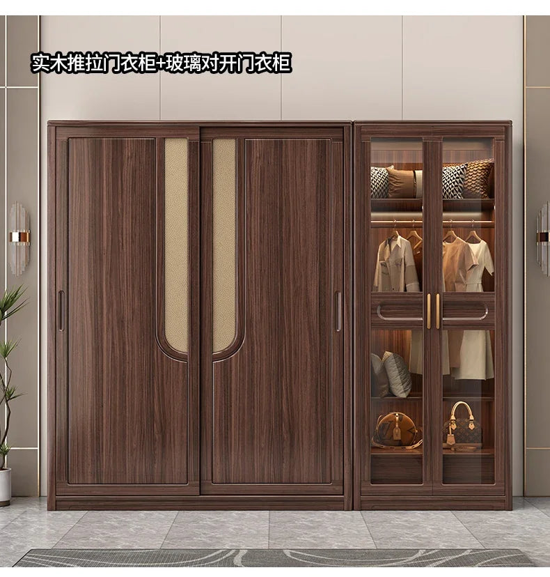Solid wood wardrobe walnut sliding door combination home bedroom wardrobe light luxury modern storage wardrobe