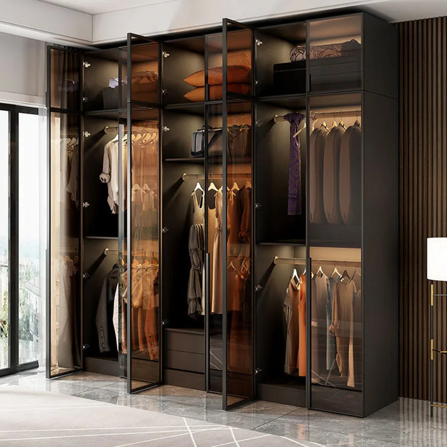 Luxury Glass Door Wardrobe – Black with Night Sensor Light and Interior Lighting