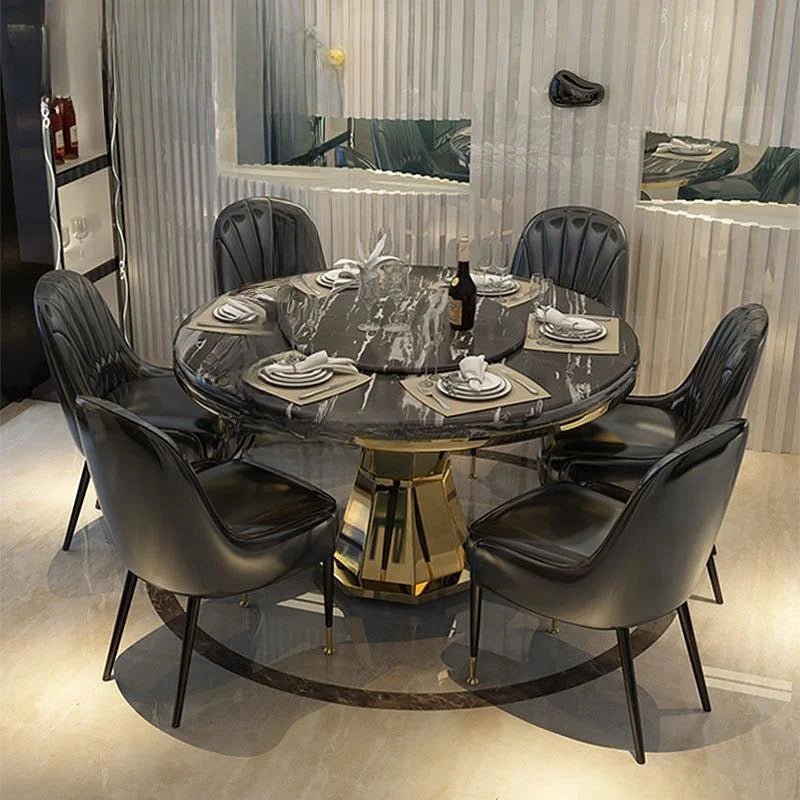 Luxury Natural Marble Round Dining Table Set – Portable Stainless Steel with 6 Chairs