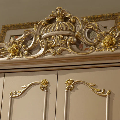 European-Style Solid Wood Wardrobe – Six Doors, Champagne Gold, Carved Luxury, Assembly Required