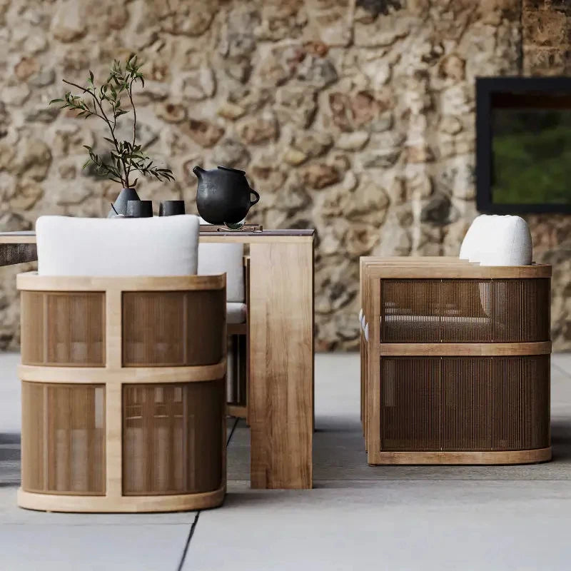 Outdoor Dining Table Woven Teak Table And Chairs Set Modern Solid Wood Anti-corrosion Waterproof High Grade Furniture