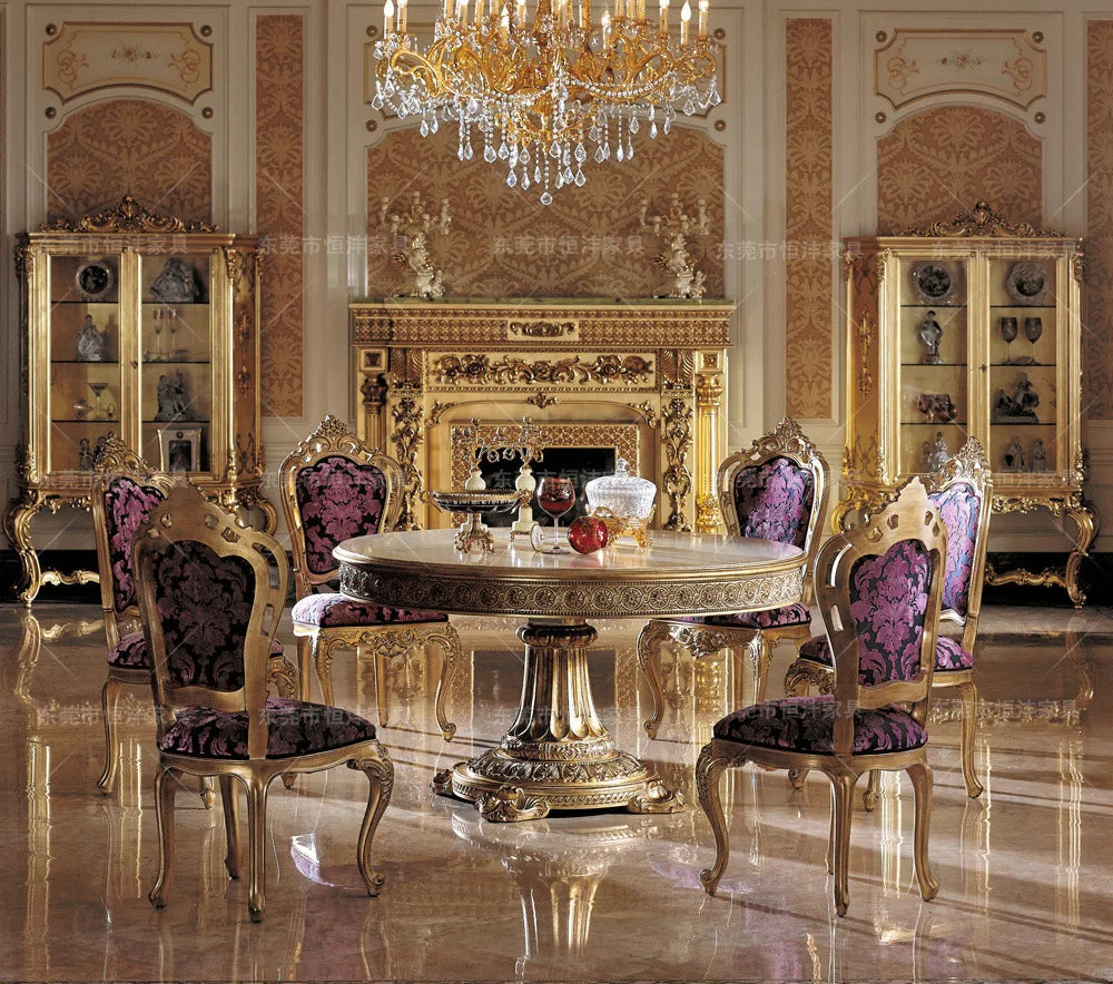 French solid wood carved table European-style villa palace restaurant luxury gold foil table cloth dining chair combination furn