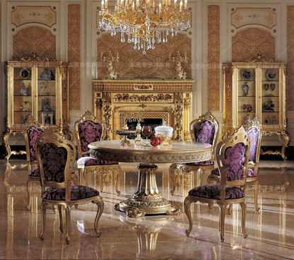 French solid wood carved table European-style villa palace restaurant luxury gold foil table cloth dining chair combination furn