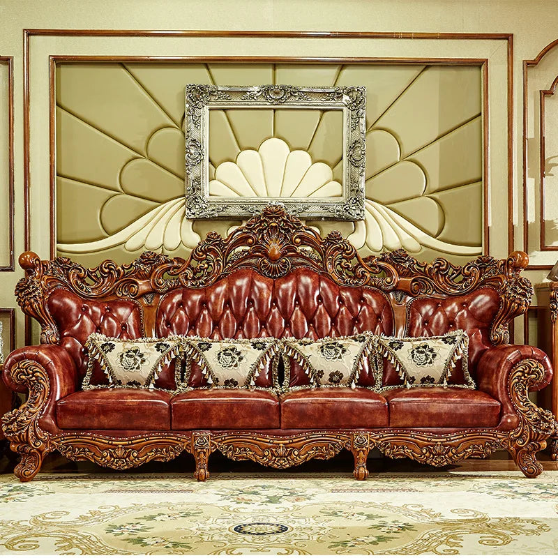 European-Style Leather All-Solid Wood Sofa Set: Luxury Combination for Living Rooms, Villas, and Whole House Support.