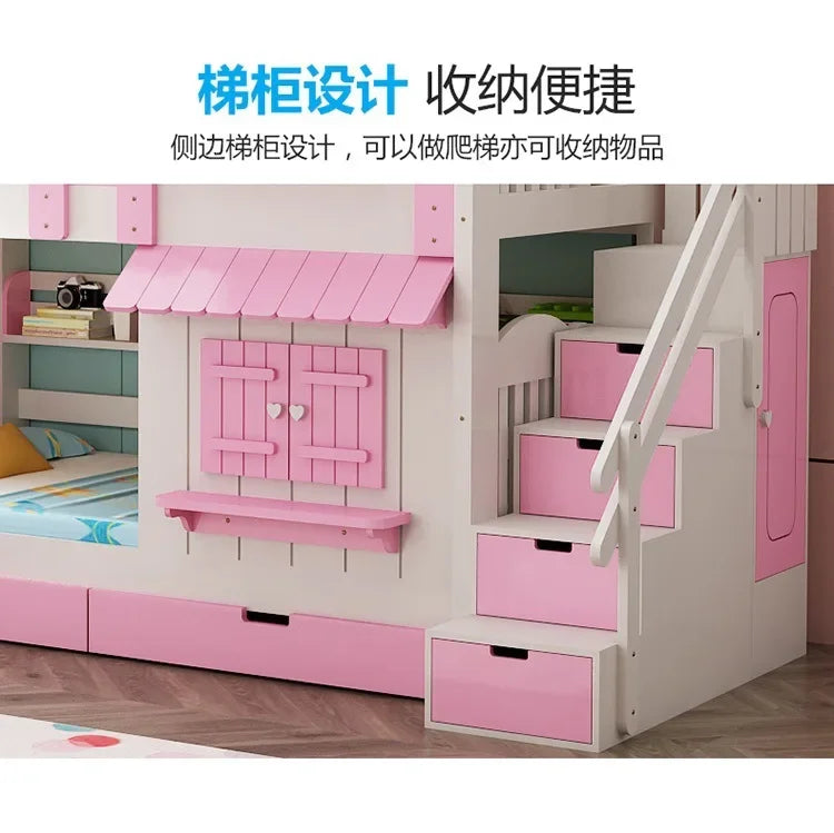Solid wood mother bed, girl princess, pink two-story castle high and low bed, slide bunk