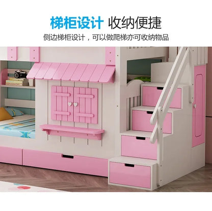 Solid wood mother bed, girl princess, pink two-story castle high and low bed, slide bunk
