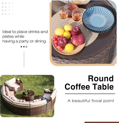 Outdoor Sectional Set 11-Piece Half Moon Patio Furniture Brown Wicker Sofa Beige Cushions with 4 Side Table and 4 Pillows