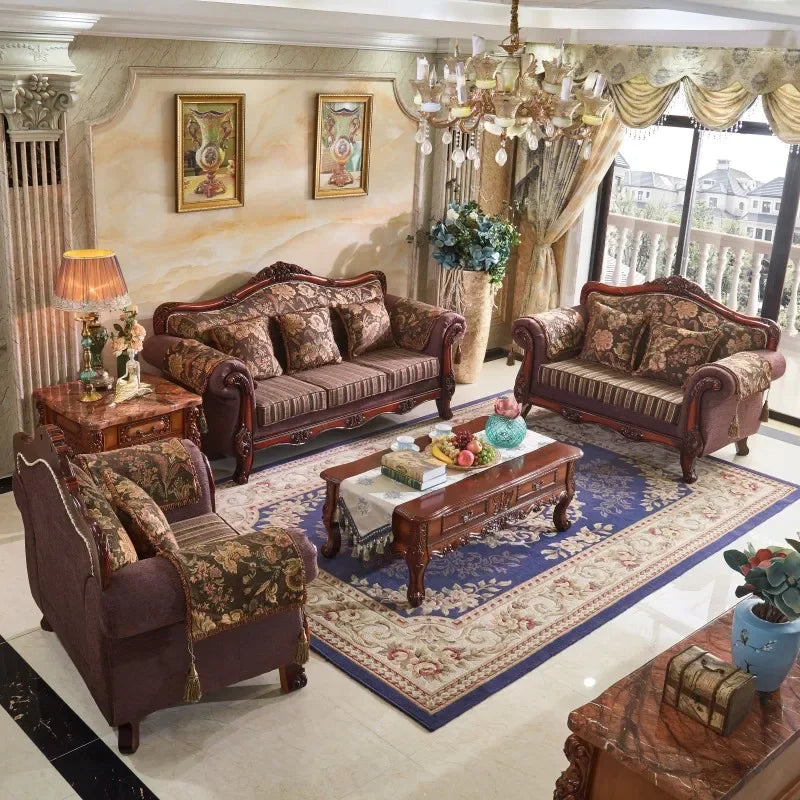 Vintage American carved solid wood European sofa Set for high-end hotel living rooms, custom-made.