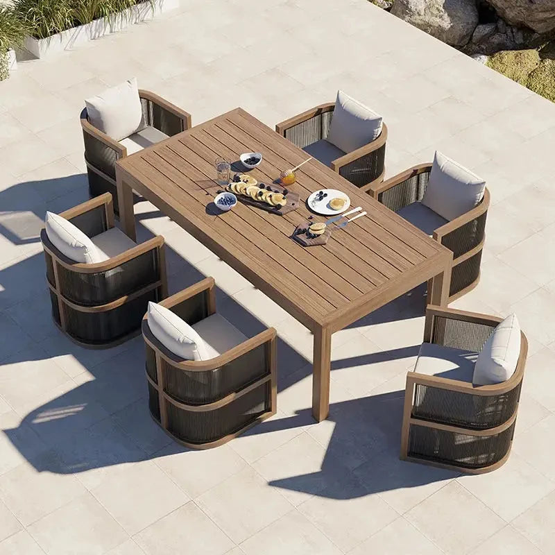 Outdoor Dining Table Woven Teak Table And Chairs Set Modern Solid Wood Anti-corrosion Waterproof High Grade Furniture