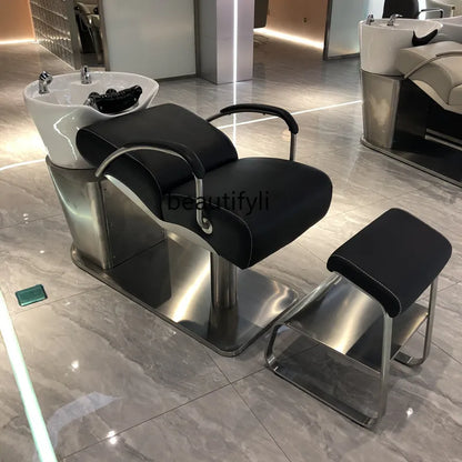 Hair Salon Lying Half Shampoo Flushing Bed for Hair Salon Barber Shop Stainless Steel Ceramic Basin