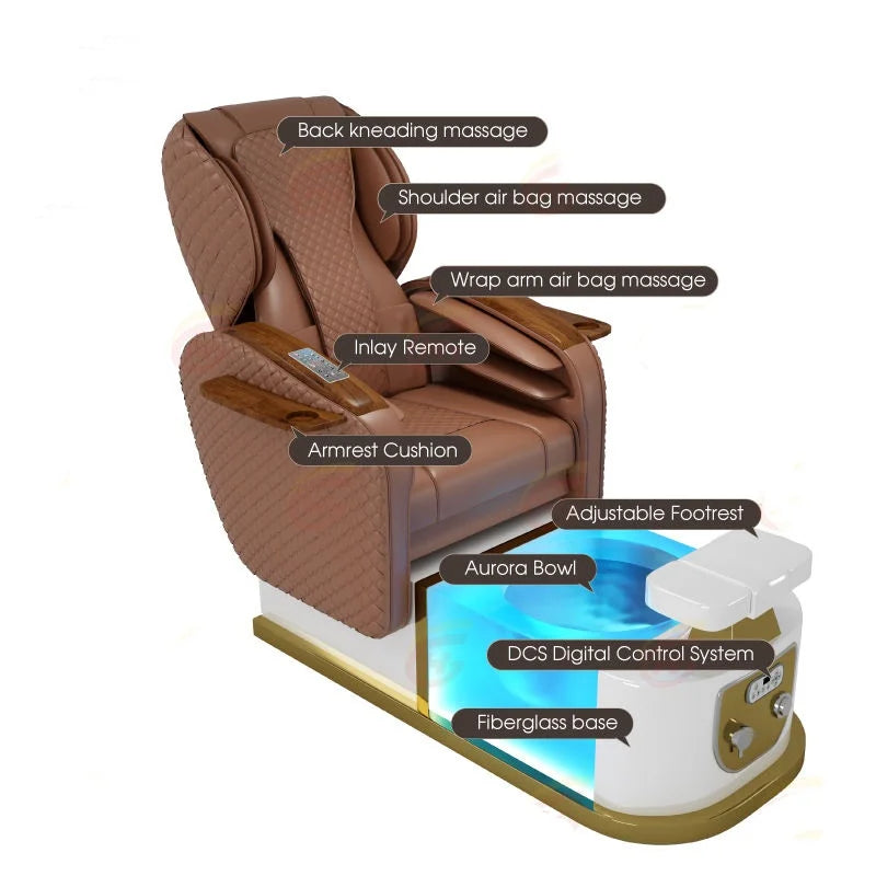 Salon Furniture Electric Luxury Multifunctional Brown Pedicure Chair with Massage Back Lift Manicure Beauty Salon Special