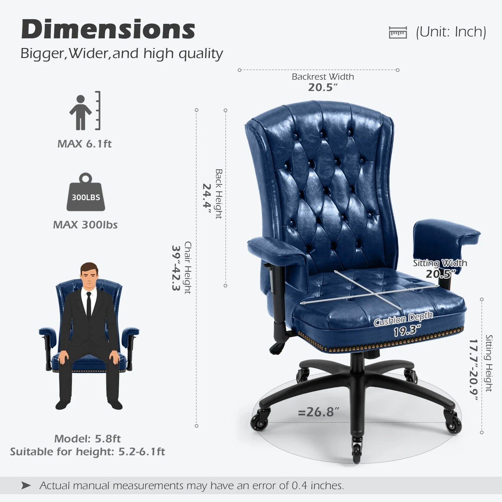 High Back Ergonomic Executive Office Chair with wheels Office Chair with Height-Adjustable Upholstered by PU