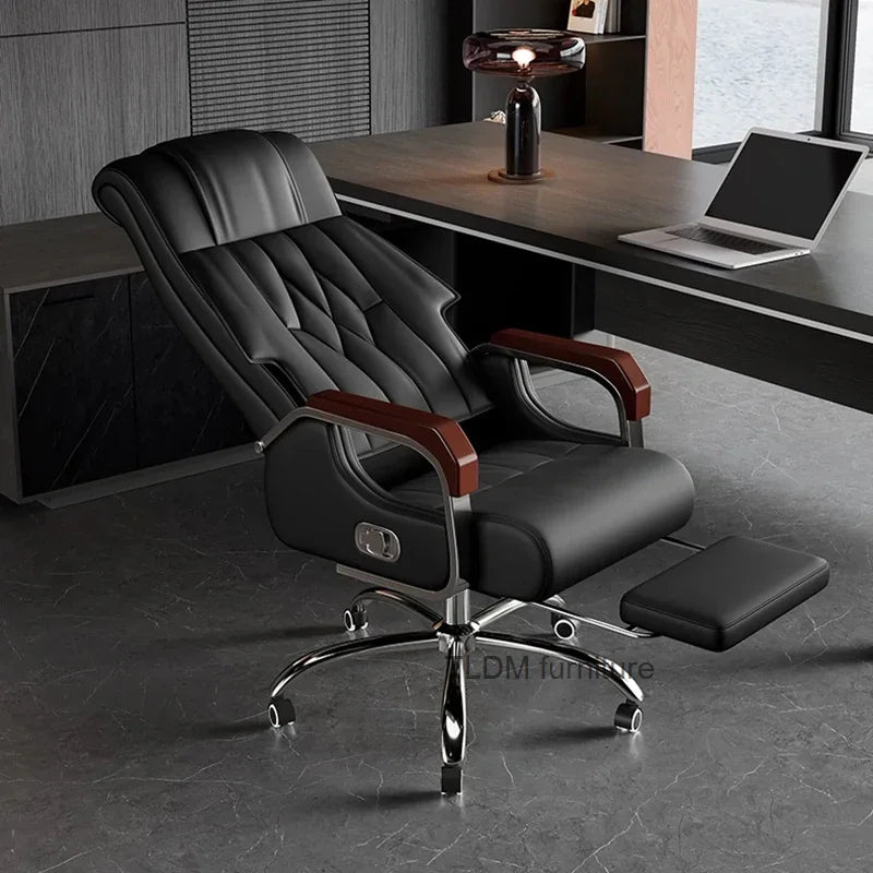 Adjustable Black Office Chair with Swivel, Leather Upholstery