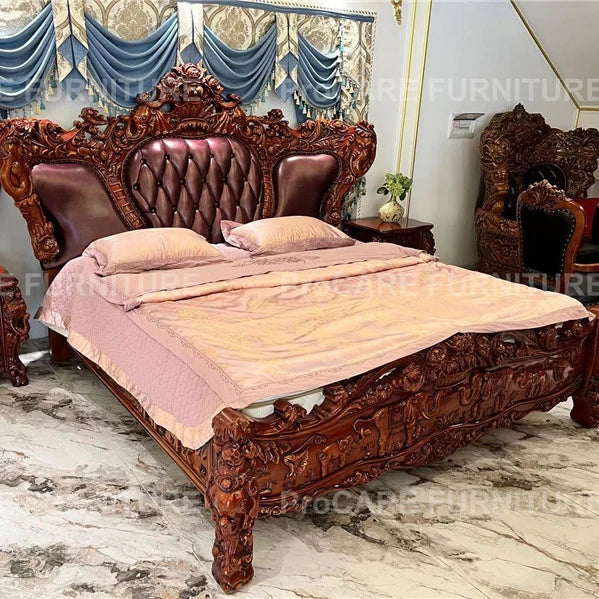 European-style bedroom furniture set for villas, featuring solid wood and genuine leather with an elegant elephant design