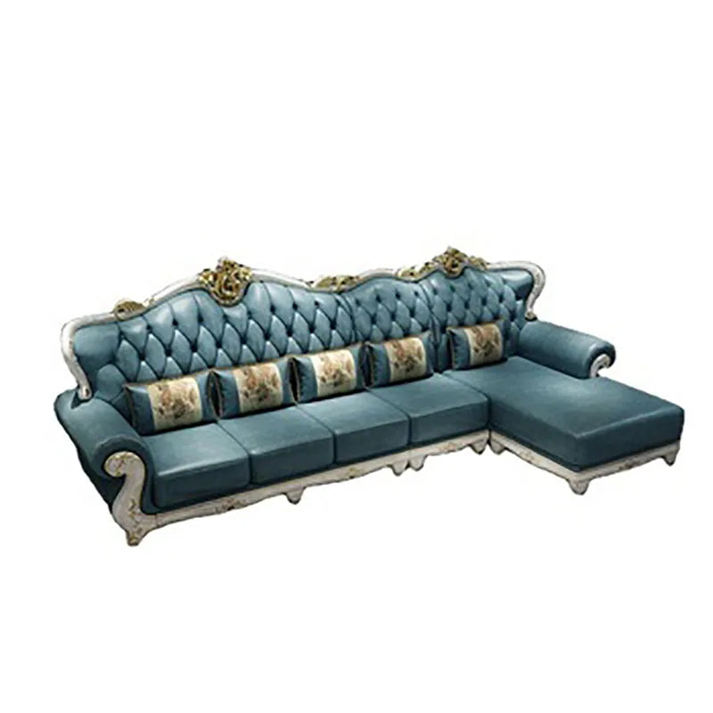 European-Style Light Luxury Corner Sofa: Modern Blue L-Shaped Leather with Solid Wood for Living Rooms.