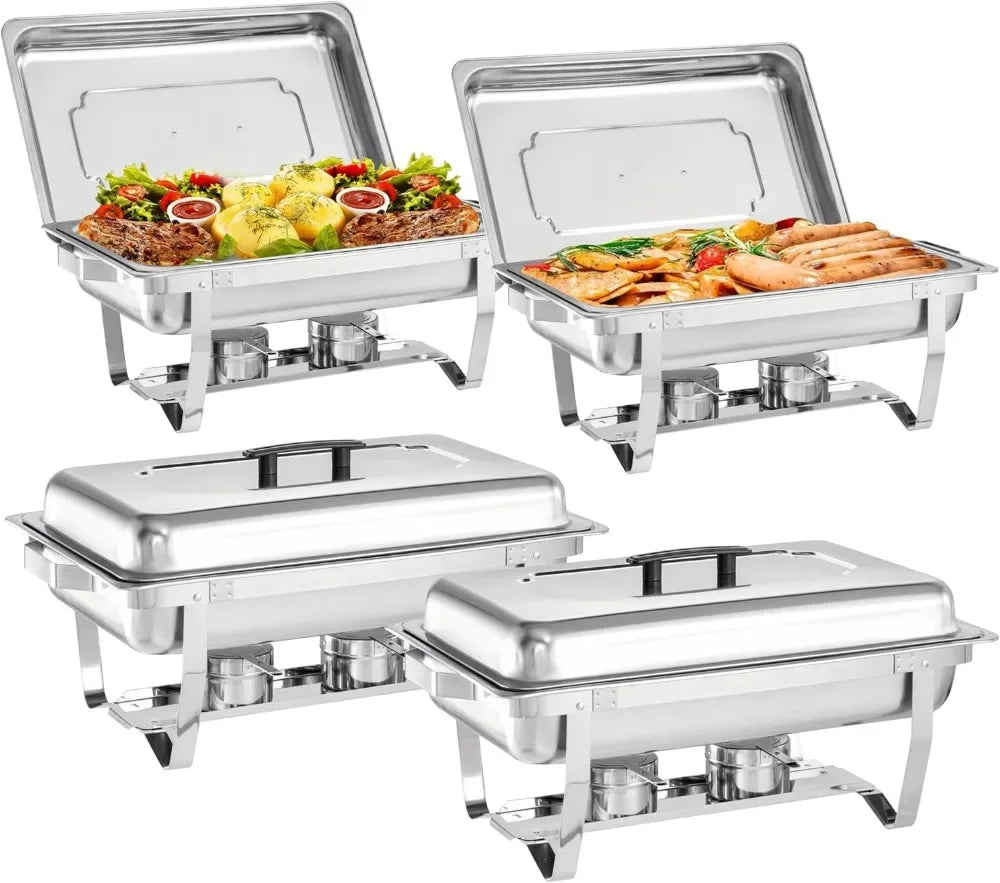 4-Pack Chafing Dish Buffet Set – 8 Quart Stainless Steel Servers and Warmers with Folding Frame, Ideal for Weddings.
