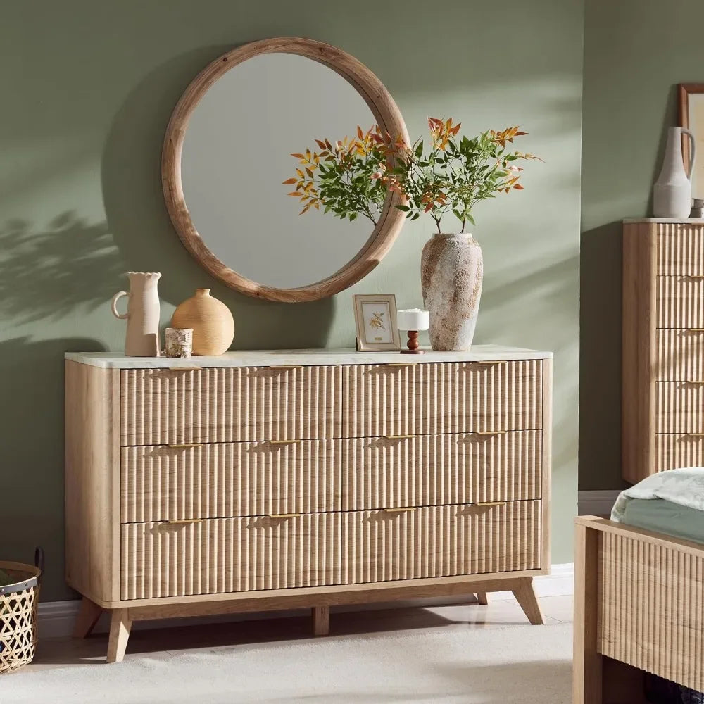 Fluted 6 , 54&quot; Wide Modern Chest of Drawers with Faux Marble Top, Curved Profile Design,  Wood Drawer Natural Oak
