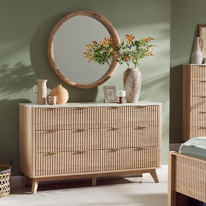 Fluted 6 , 54&quot; Wide Modern Chest of Drawers with Faux Marble Top, Curved Profile Design,  Wood Drawer Natural Oak