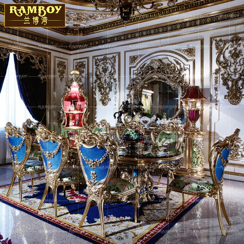 Luxury European Heavy Industry Dining Set – Carved Solid Wood Table and Chairs