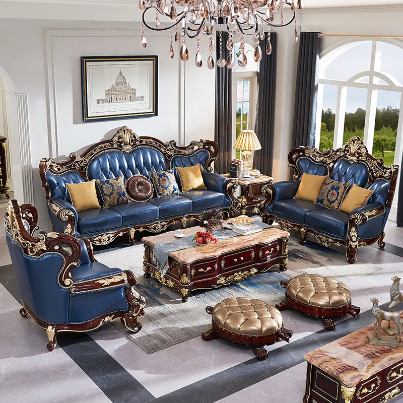 European Leather U-Shaped Sofa - Red Sandalwood, Carved Solid Wood, American-French Style