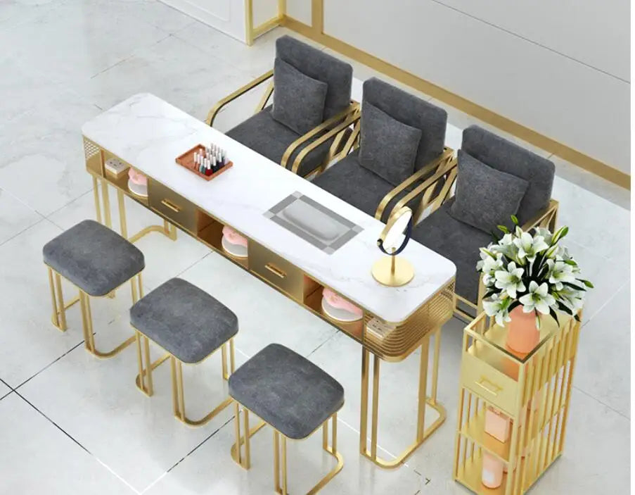 New high-end manicure table and chair set, glass marble table top, single, double and triple manicure table,