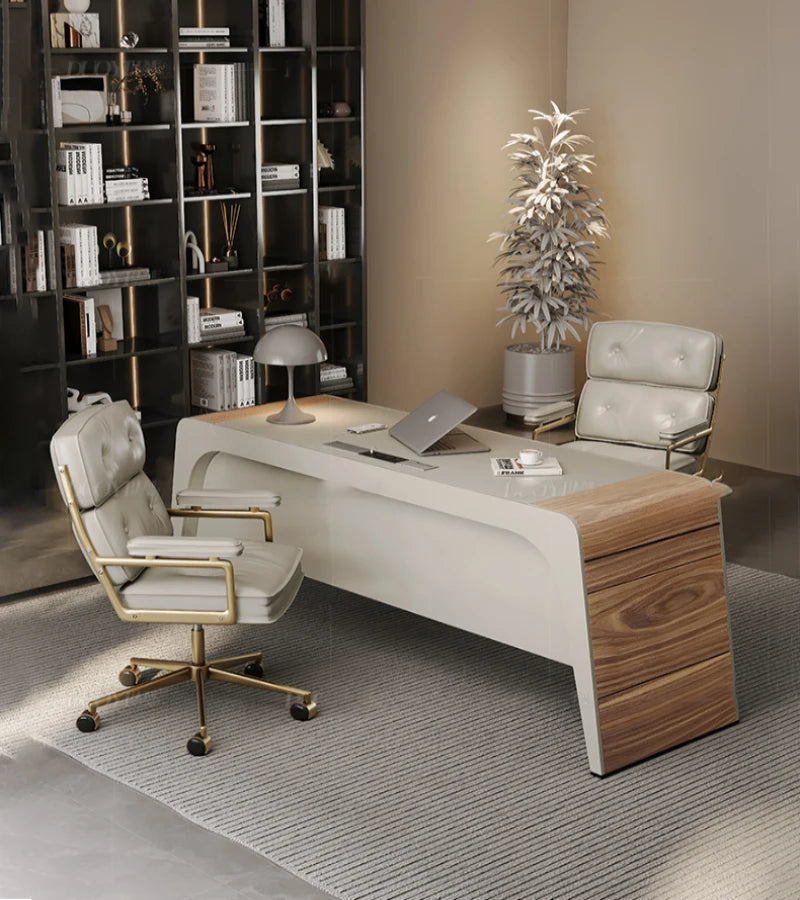 Villa designer high-end saddle leather living room desk light luxury modern study furniture set combination