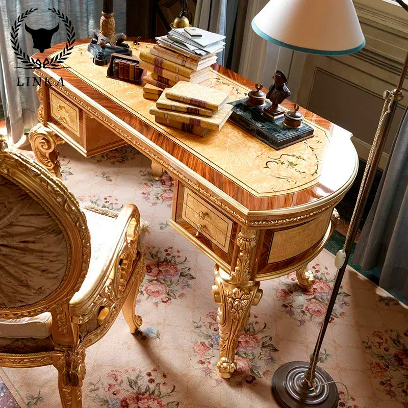 European Court Luxury French Desk – Painted Gold Foil, Customizable Computer Desk