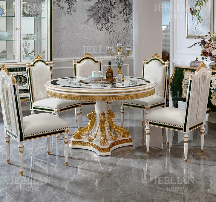 French-Style High-End Shell Mosaic Solid Wood Dining Table and Chair 1.38 M Household round Dining Table Home Furniture