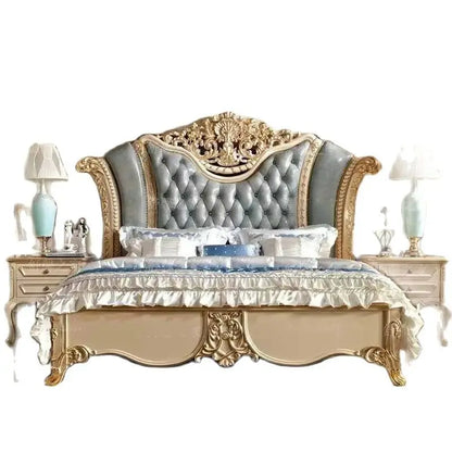 Solid wood carved double bed, European style leather princess bed, Italian villa high-end customized 1.8-meter wedding bed
