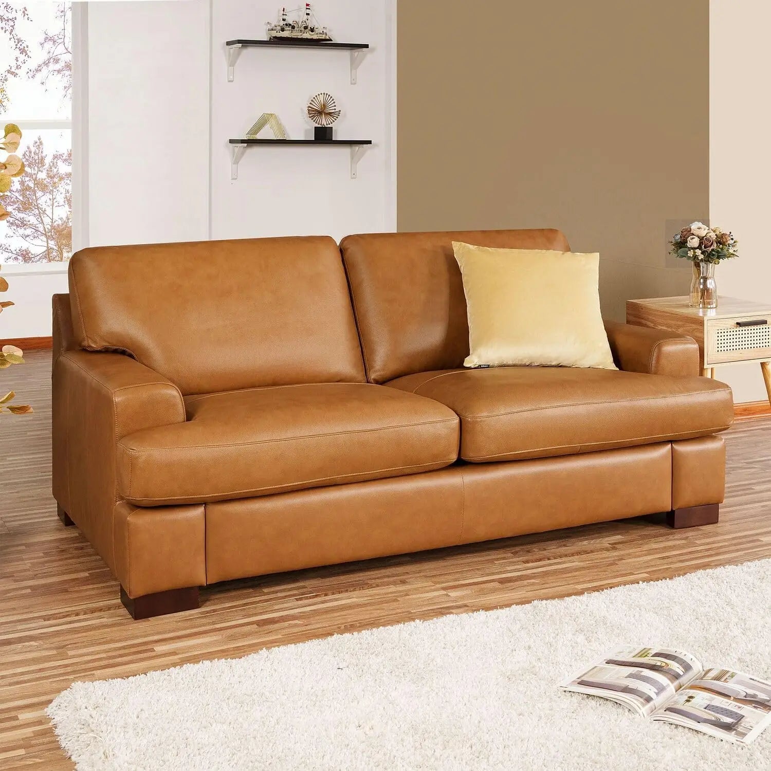 Siggy Genuine Leather Sofa Set of 3 Luxurious Comfort Goose Feather Cushion Filling Square Arm Design Sturdy Block Legs